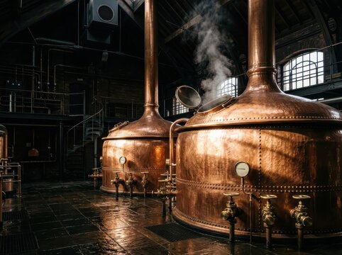 Copper stills in a moody distillery interior