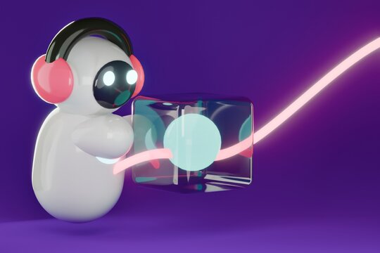 3D AI cloud data storage concept, cute glossy plastic robot assistant holding glass server cube with glowing neon wire on purple background
