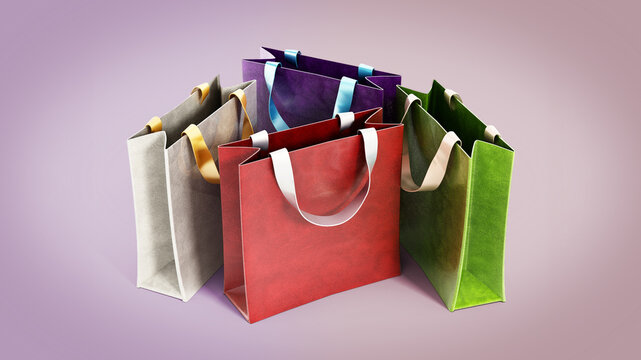 Shopping bags isolated on purple background. 3D iilustration