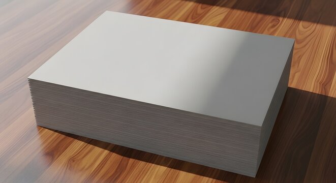 Stack of blank white paper sheets on a wooden table, top view mockup for design presentation, branding, stationery, or business documents, high angle view