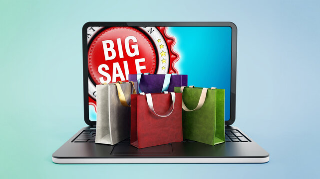 Shopping bags on laptop computer with big sale icon on the screen. 3D iilustration