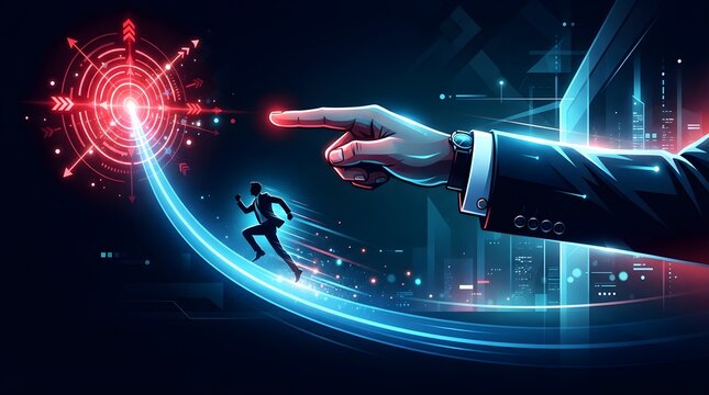 Business leader guiding a professional towards a glowing target, representing strategic direction, career growth, success, and corporate leadership in a digital futuristic environment