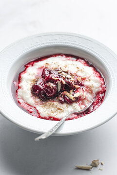 Risalamande Danish rice pudding with cherry sauce and almond