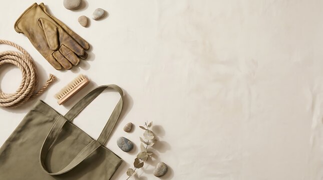 Labor Day flat lay with gardening tools and canvas tote bag on neutral background