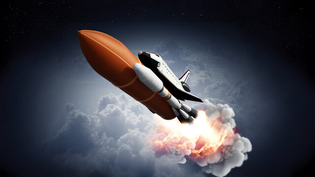 Rocket carrying space shuttle launches off. 3D illustration