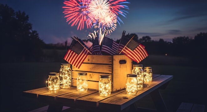 Patriotic 4th of july celebration table setting with american flags in a wooden crate and glowing fairy lights in mason jars under a night sky with fireworks