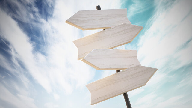 Signboard with blank arrows against sky background. 3D illustration