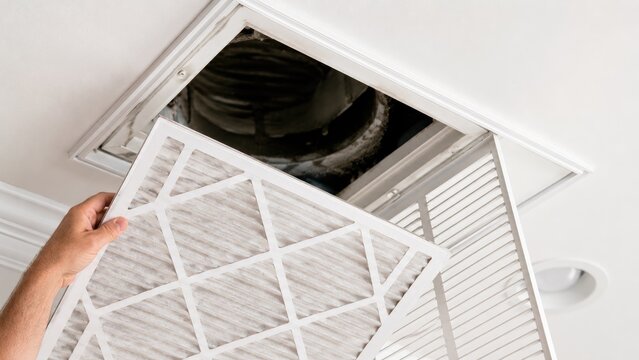 Hand replacing HVAC air filter in a ceiling return vent at home