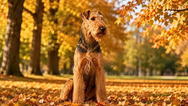 Airedale terrier sitting amid golden autumn leaves in a sunlit park, attentive pose and wiry coat