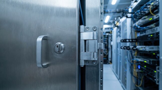 Heavy metal secure server cabinet door open revealing high tech data center computing room
