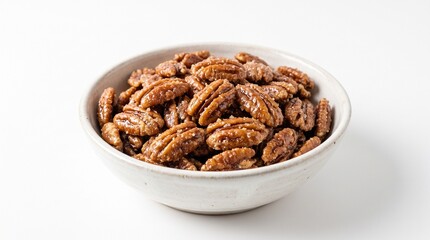 Fototapeta premium Bowl of Candied Pecans Sprinkled with Sugar Crystals on a White Background