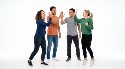 Obraz premium Diverse group of four friends celebrating with high fives and smiles against a white background