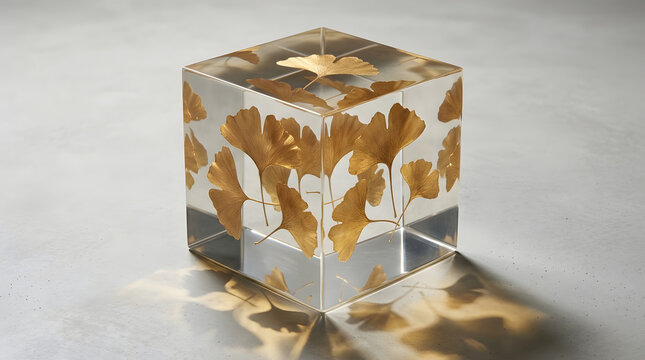 Clear cube filled with golden ginkgo leaves, symbolizing nature and preservation in a modern display object.