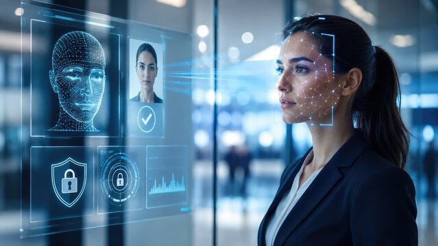 Businesswoman undergoing facial recognition biometric authentication at a futuristic holographic security interface in a modern office