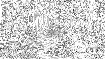 Fototapeta premium Detailed whimsical forest line art coloring page showing a fox, owl, mushrooms and a round-door woodland cottage along a flowered path
