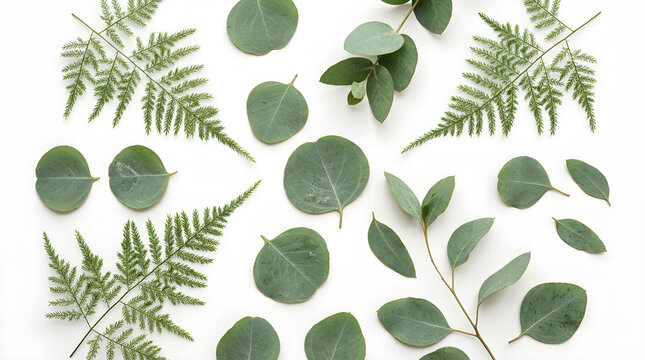 Composition of green eucalyptus leaves and delicate fern fronds on white background for natural botanical design.