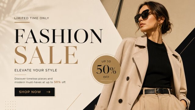 Fashion sale advertisement featuring a stylish woman in a beige trench coat, black top and sunglasses with a circular 50% off badge and elegant minimalist layout