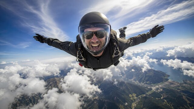 Smiling skydiver in black helmet and jumpsuit freefalling above clouds with mountains and coastline below