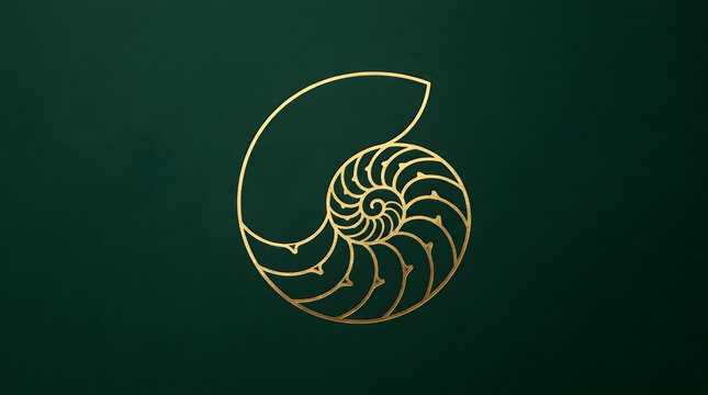 Geometric nautilus shell spiral depicted in gold metallic line art against deep emerald green backdrop.