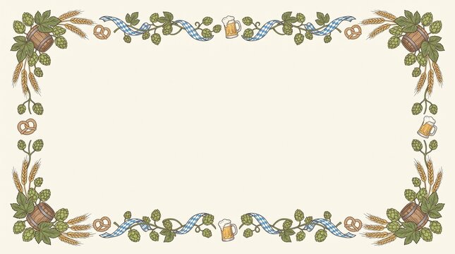 Oktoberfest Beer Festival Decorative Border with Hops, Pretzels and Bavarian Ribbons