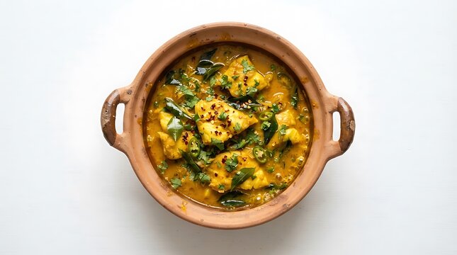 Traditional indian fish curry in a clay pot bowl