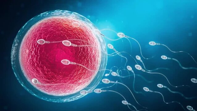 Close view of human egg and sperm cells for IVF fertilization, reproductive medicine and female infertility treatment 3D