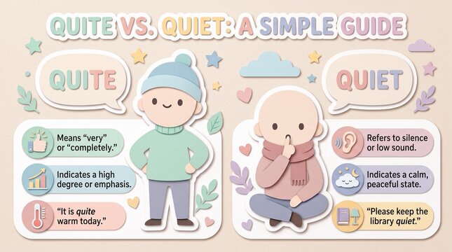 Educational grammar guide for quite vs quiet, English language learning poster, cute pastel instructional infographic for students