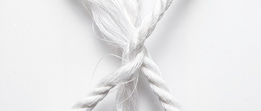Close up of intertwined white synthetic fibers showing complex woven structure used for textile manufacturing and industrial rope production