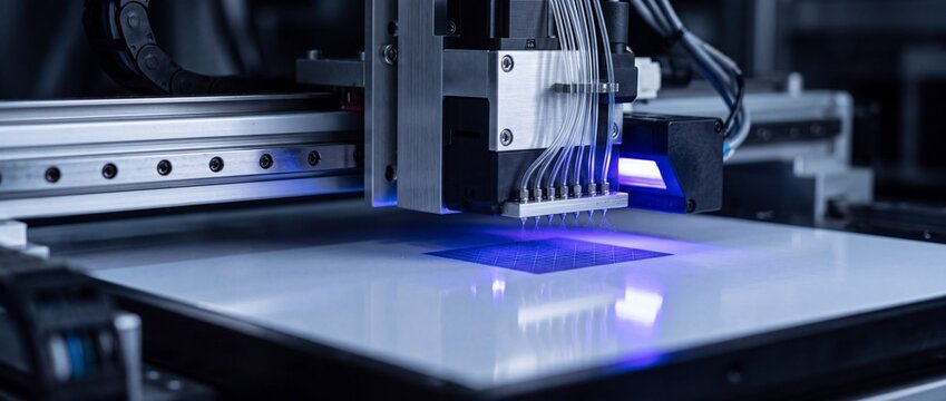 Automated inkjet printer head dispensing droplets onto white material surface using ultraviolet curing light for precise industrial marking