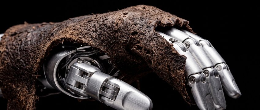 Prosthetic robot hand covered with weathered organic skin material showcasing human machine integration for bionic medical rehabilitation device