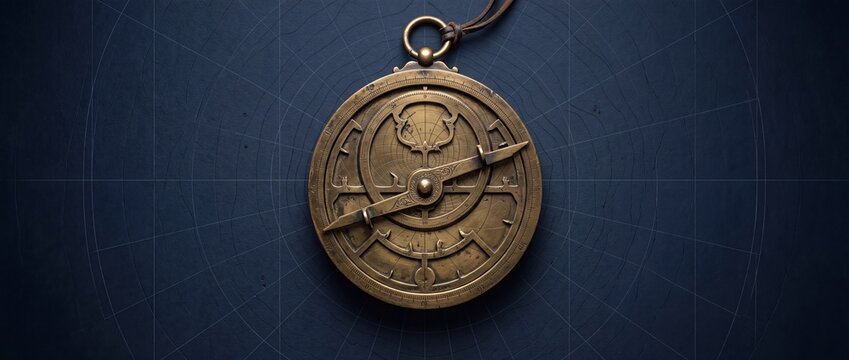 Antique brass astrolabe instrument resting on dark blue textured grid background representing navigation and historical astronomy research