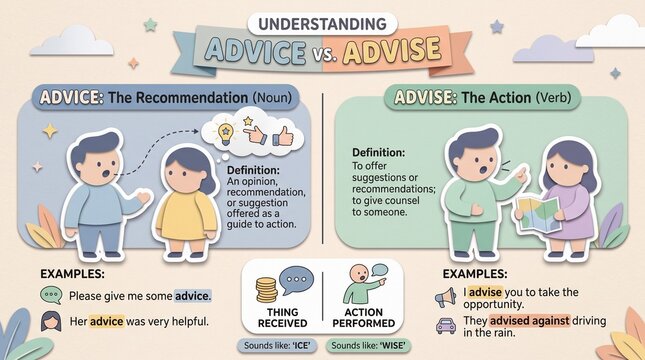 Educational grammar infographic explaining Advice vs Advise. English language learning poster with definitions and examples. Pastel classroom visual aid.