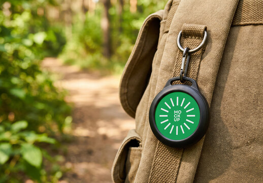 Round Carabiner Badge Mockup Clipped to Backpack in Forest