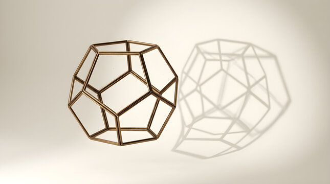 Geometric dodecahedron wireframe sculpture with reflective shadow on a smooth off-white surface.