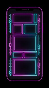 Neon smartphone UI template. Glowing purple and cyan wireframe interface with digital sliders and modular boxes on mobile screen. Futuristic dashboard layout for technology presentation.