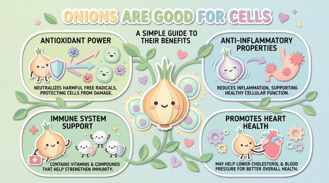 Educational health infographic about onion benefits for cells, cute vegetable characters explaining nutrition, pastel wellness guide