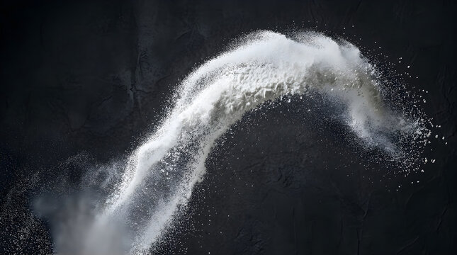Dramatic cloud of white powder exploding against dark textured background with frozen motion effect.