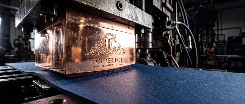Industrial hot foil stamping machine with copper die plate debossing ornate logo onto premium blue cardboard sheet in printing factory