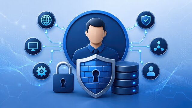 3D blue illustration of a user identity protected by shield, lock and secure server icons representing cybersecurity and data protection