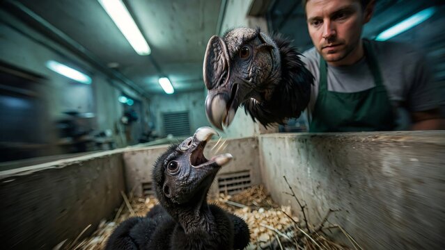 Zookeeper using a realistic adult California condor hand puppet to feed and rear a captive bred chick in a wooden nesting box to prevent human imprinting