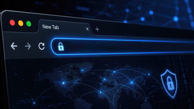 Dark browser UI with highlighted address bar showing padlock and a digital world map with network connections and shield lock
