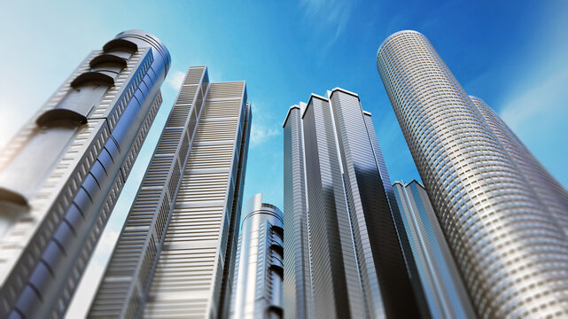 Skyscrapers on blue sky background. 3D iilustration