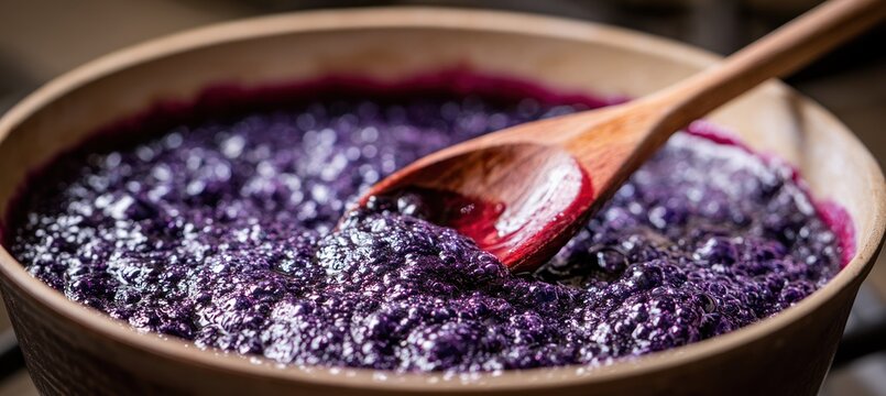 Small pot of thickening ube halaya on stovetop with wooden spoon stirring glossy mixture