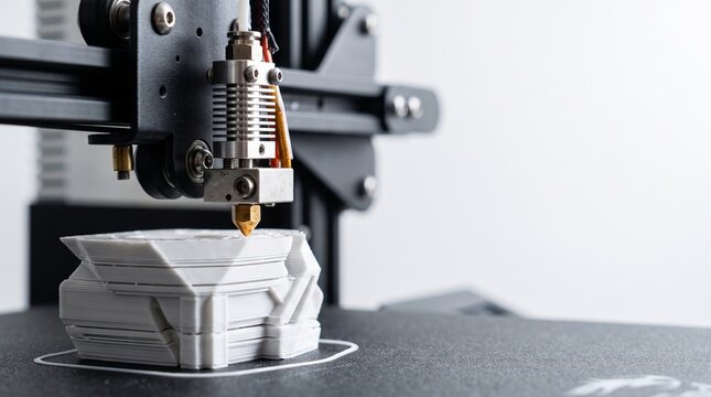 Close up of a 3D printer nozzle depositing plastic layer by layer onto a complex geometric object
