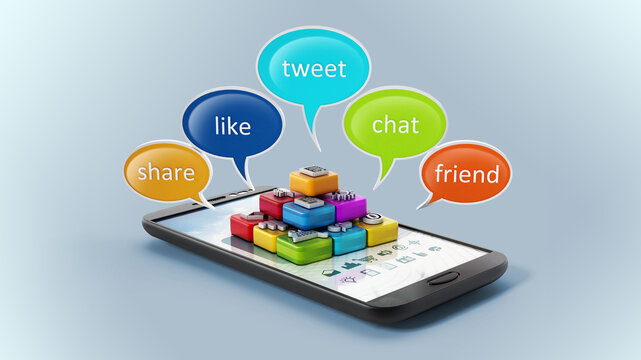 Speech balloons and application software cubes on smartphone. 3D illustration