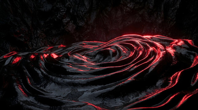 Volcanic molten lava swirl with glowing red heat in dark rocky cave for dramatic geological concept.