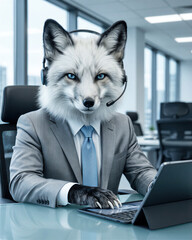 Naklejka premium A pure white arctic fox with black-tipped ears in a silver suit sits on a video call with steady ice-blue eyes, showing complete business focus in cool modern office daylight.