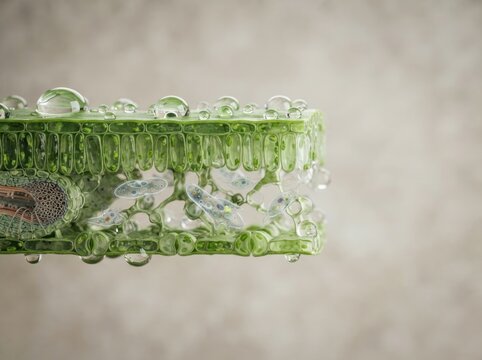Horizontal cutaway of a plant cell showing chloroplasts and cell membrane with water droplets