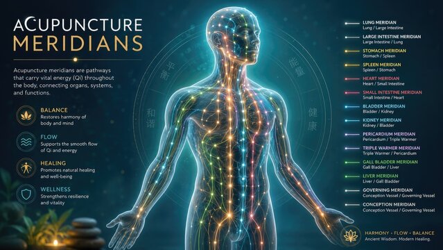 Glowing human silhouette showing acupuncture meridians and energy pathways with labeled chart, acupuncture points, and anatomical outline on a teal background
