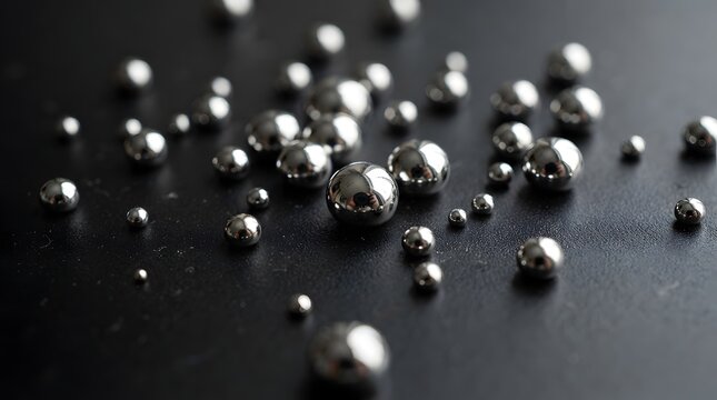 Collection of shiny reflective chrome spheres and silver metallic drops of various sizes scattered across a dark matte black surface with high contrast lighting and deep shadows
